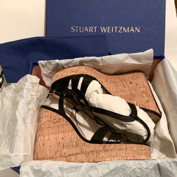 Stuart Weitzman Cressa Black Leather Cork Wedge Platform Sandal Summer Heels 9.5 - Picture 2 of 6